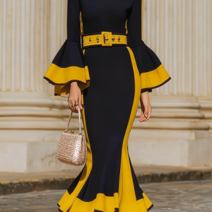 Elegant Color Block Crew Neck Maxi Dress With Belt, Maxi Dresses, color:As Picture|size:XXL, Stylewe