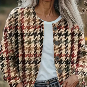 Women Houndstooth Long Sleeve Comfy Vintage Printing Cardigan, Cardigans, color:As Picture|size:5XL, catalog Noracora shop