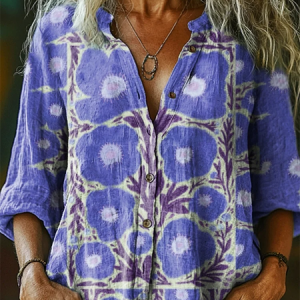 Stand Collar Long Sleeve Floral Regular Loose Shirt For Women, Shirts, color:Purple|size:XL, catalog Noracora shop