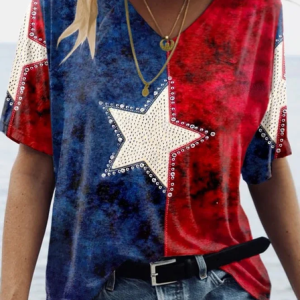 Women Independence Day (Flag) Short Sleeve Tee T-shirt V Neck Printing Casual Summer Graphic Tee Top, JustFashionNow T-Shirts, color:As Picture|size:4XL,