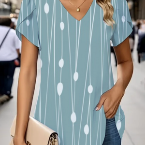 Women Striped Short Sleeve Tee T-shirt V Neck Printing Casual Summer Graphic Tee Top, JustFashionNow T-Shirts, color:Green|size:4XL,