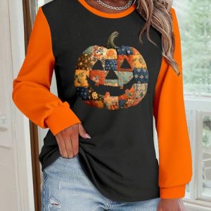 Halloween Jack-O-Lantern Floral Pattern Casual Crew Neck Sweatshirt, Hoodies & Sweatshirts, color:Black|size:4XL, catalog Noracora shop