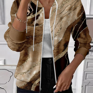 Women Spring/Fall Outerwear Casual Printing Abstract Long Sleeve Hoodie Jacket, JustFashionNow Coats, color:Brown|size:XXL,