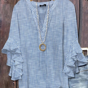 V Neck Half Sleeve Striped Printing Regular Loose Shirt For Women, Shirts, color:Blue|size:5XL, catalog Noracora shop