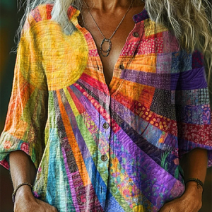 Stand Collar Long Sleeve Gradient Pattern Regular Loose Shirt For Women, Shirts, color:As Picture|size:5XL, catalog Noracora shop