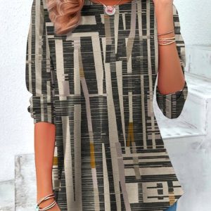 Vintage Plaid Crew Neck Long Sleeve T-shirt, T-shirts, color:Khaki|size:4XL, catalog Noracora shop
