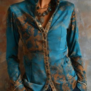 Casual Ethnic Printing Stand Collar Shirt, Blouses and Shirts, color:As Picture|size:XXL, Stylewe