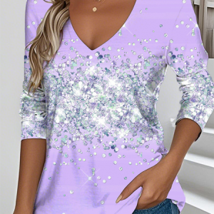 Vintage Ombre V Neck Long Sleeve T-shirt, T-shirts, color:Purple|size:XXL, catalog Noracora shop