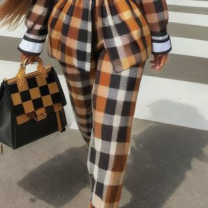 Urban Plaid Printing Straight Pants, Pants, color:Black-coffee|size:XXL, Stylewe