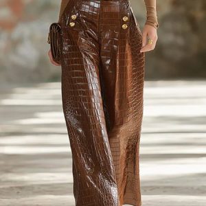 Urban Plain Buttoned Wide Leg Faux Leather Pants No Belt, Pants, color:Brown|size:XXL, Stylewe