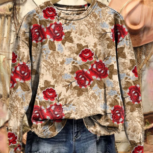 Women Floral Crew Neck Printing Casual Spring/Fall Long Sleeve Sweatshirt, JustFashionNow Sweatshirts & Hoodies, color:Camel|size:3XL,