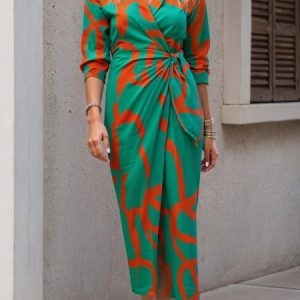 Women Geometric Spring/Fall Dress Shirt Collar Long Sleeve A-Line Dress, Dresses, color:Green|size:XXL, catalog Noracora shop