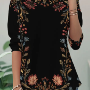 Women Floral Long Sleeve Tee T-shirt Crew Neck Casual Spring/Fall Tunic Top, JustFashionNow T-Shirts, color:Black|size:XXL,
