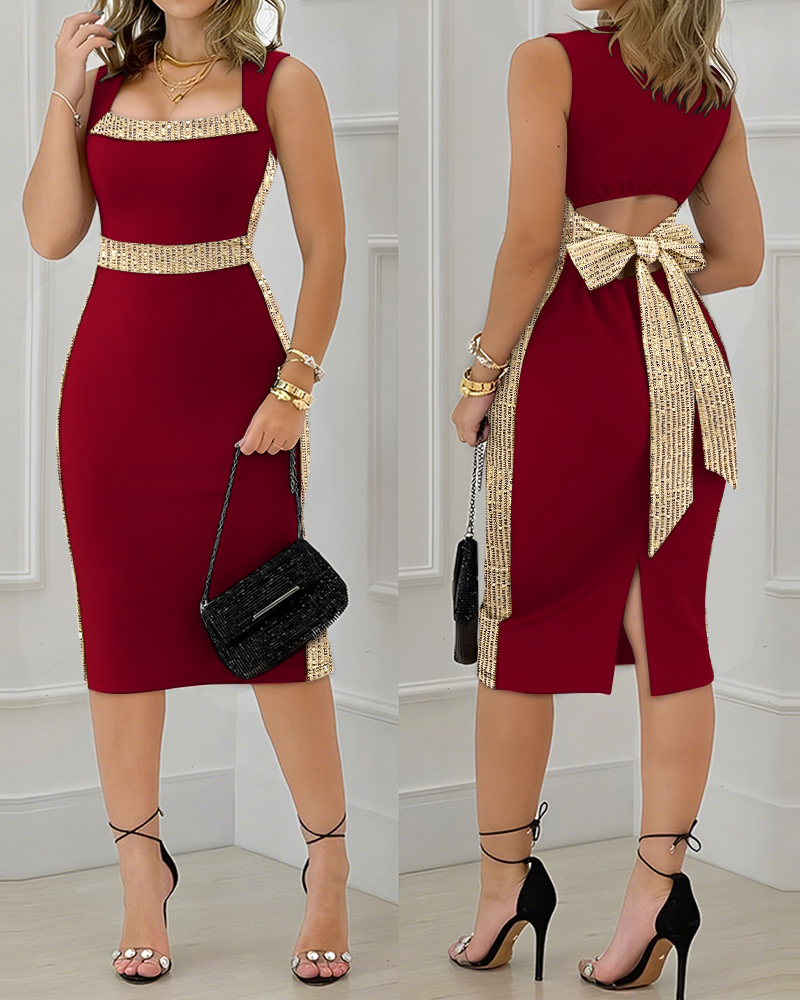 Contrast Sequin Decor Square Neck Sleeveless Bow Tie Back Slit Dress Elegant Hollow-out Back Cinched Waist Party Dress, women Bodycon Dresses, ChicMe catalog - Image 2