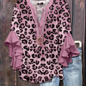 Women Leopard Half Sleeve Shirt Summer Printing V Neck Daily Casual Top, JustFashionNow Shirts, color:Purple|size:5XL,