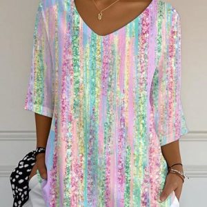 Vintage Striped Crew Neck Three Quarter Sleeve T-shirt, T-shirts, color:Pink|size:5XL, catalog Noracora shop