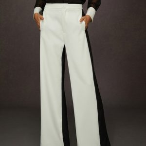Urban Monochrome Colorblock Wide-Leg Pants, Pants, color:Black-white|size:XXL, Stylewe