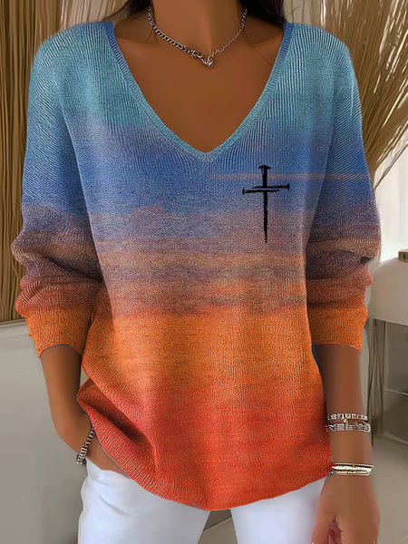 Women Abstract Long Sleeve Tee T-shirt V Neck Printing Casual Spring/Fall Top, JustFashionNow T-Shirts, color:As Picture|size:4XL - Image 3