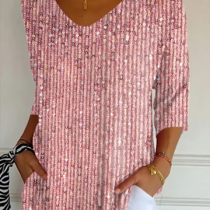 Holiday Casual 3D Sequin Print V Neck 3/4 Length Sleeve T-shirt, T-shirts, color:Pink|size:5XL, catalog Noracora shop