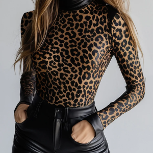 Urban Leopard Turtleneck Blouse, Blouses and Shirts, color:Leopard|size:XXL, Stylewe