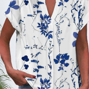 Women's Short Sleeve Shirt Summer Floral Printing V Neck Daily Going Out Casual Top, JustFashionNow Shirts, color:White|size:4XL,