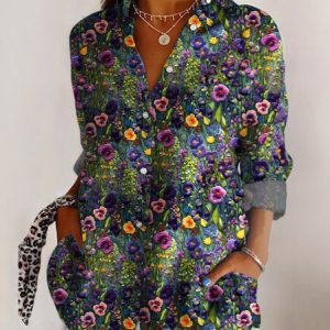 V Neck Long Sleeve Geometric Regular Micro-Elasticity Regular Fit Shirt For Women, Shirts, color:Purple|size:4XL, catalog Noracora shop