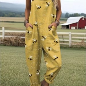 Women Animal Square Neck Gallus Casual Summer Cotton And Linen Jumpsuit, JustFashionNow Jumpsuits＆Rompers, color:Yellow|size:4XL,