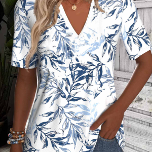 Casual Floral Printing V Neck Short Sleeve T-shirt, T-shirts, color:Blue|size:XXL, catalog Noracora shop