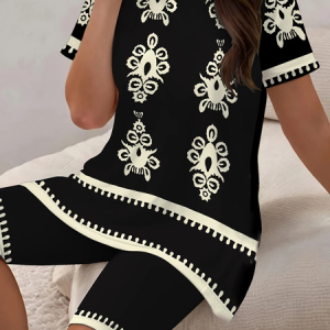 Women Abstract Printing Two-Piece Set Daily Short Sleeve Casual Summer Top With Pants Matching Set, JustFashionNow Suit Set, color:Black|size:XXL,