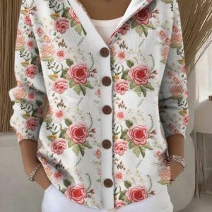 Women Cotton Floral Long Sleeve Comfy Casual Cardigan, Sweaters, color:Off White|size:4XL, catalog Noracora shop