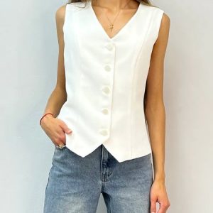 Women Sleeveless Tank Top Camisole Summer Plain Buckle V Neck Daily Simple Top, JustFashionNow Tanks & Camis, color:White|size:XL,