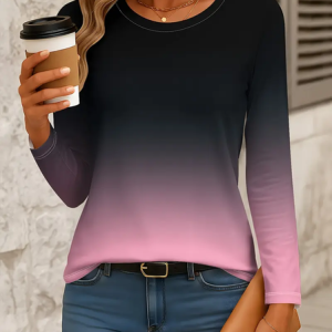 Casual Ombre Crew Neck Long Sleeve T-shirt, T-shirts, color:Black-pink|size:XXL, catalog Noracora shop