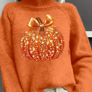 Women Halloween (pumpkin) Printing Spring/Fall Vintage Long Sleeve Turtleneck Sweater, JustFashionNow Sweaters, color:Orange|size:4XL,