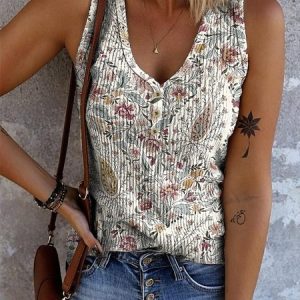 Casual V Neck Floral Tank Top, Tanks & Camis, color:As Picture|size:3XL, catalog Noracora shop
