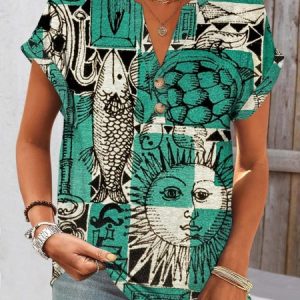 Casual Art Painting V Neck Short Sleeve Comfy Cotton T-shirt, T-shirts, color:Green|size:4XL, catalog Noracora shop