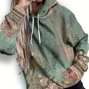 Women Floral Spring/Fall Printing Long Sleeve Casual Daily Hoodie, JustFashionNow Sweatshirts & Hoodies, color:Green|size:4XL,