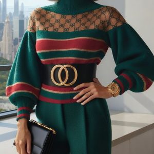 Urban Striped Turtleneck Puff Sleeve Sweater No Belt, Pullovers, color:Green|size:XXL, Stylewe