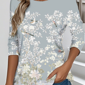 Casual Floral Crew Neck Long Sleeve T-shirt, T-shirts, color:Color2|size:XXL, catalog Noracora shop