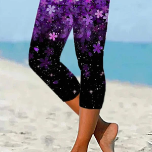 Women Floral Capris Elastic Waist Pants Casual Summer Trousers, JustFashionNow Leggings, color:Black-purple|size:XXL,