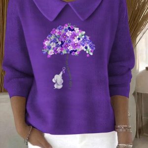 Women Cotton Floral Long Sleeve Comfy Casual Sweater, Sweaters, color:Purple|size:4XL, catalog Noracora shop