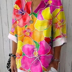 Shawl Collar Three Quarter Sleeve Floral Regular Loose Blouse For Women, Blouses, color:Pink|size:3XL, catalog Noracora shop