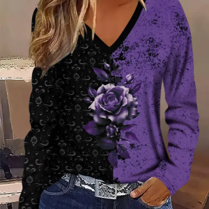 Women Floral Long Sleeve Tee T-shirt V Neck Printing Casual Spring/Fall Graphic Tee Top, JustFashionNow T-Shirts, color:Black-purple|size:XXL
