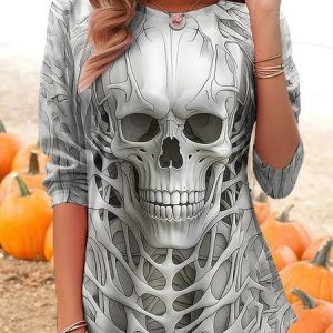 Casual Halloween Crew Neck Long Sleeve T-shirt, T-shirts, color:As Picture|size:4XL, catalog Noracora shop