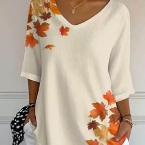Vintage Maple Leaf Crew Neck Three Quarter Sleeve T-shirt, T-shirts, color:Apricot|size:5XL, catalog Noracora shop