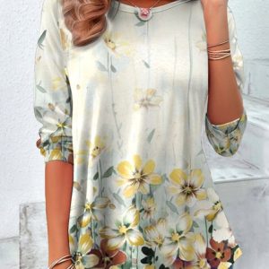 Vintage Floral Crew Neck Long Sleeve T-shirt, T-shirts, color:Apricot|size:4XL, catalog Noracora shop