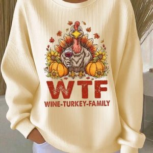 Casual Crew Neck Turkey Print Comfy Loose Sweatshirt, Hoodies & Sweatshirts, color:Apricot|size:5XL, catalog Noracora shop