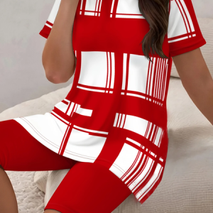 Women Abstract Printing Two-Piece Set Daily Short Sleeve Casual Summer Top With Pants Matching Set, JustFashionNow Suit Set, color:Red|size:XXL,