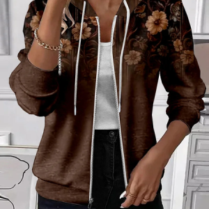 Women Spring/Fall Outerwear Casual Printing Floral Long Sleeve Hoodie Jacket, JustFashionNow Coats, color:Brown|size:XXL,