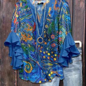 V Neck Half Sleeve Floral Printing Regular Loose Shirt For Women, T-shirts, color:Blue|size:5XL, catalog Noracora shop