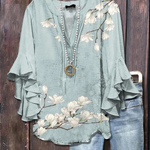 Women Floral Half Sleeve Shirt Summer Printing V Neck Daily Casual Top, JustFashionNow Shirts, color:Blue|size:5XL,